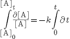 $\int_{[{\rm A}]_0}^{[{\rm A}]_t}\frac{\partial [{\rm A}]}{[{\rm A}]}=-k\int_0^t\partial t$